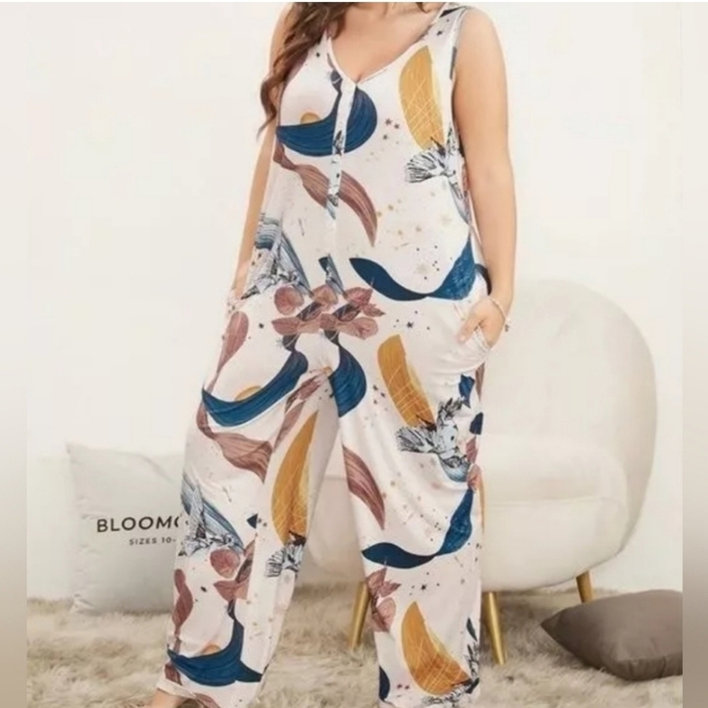 Bloomchic sleeveless lounge pajama jumpsuit hummingbird print size 14-16
